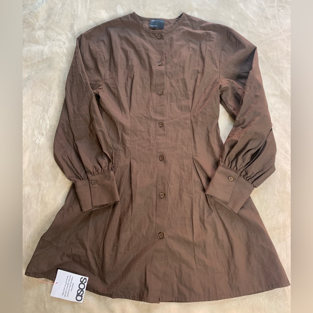 ASOS Design round neck Chocolate Button-Up  waisted Cotton Mini Dress size 2 Nwt - Picture 4 of 9